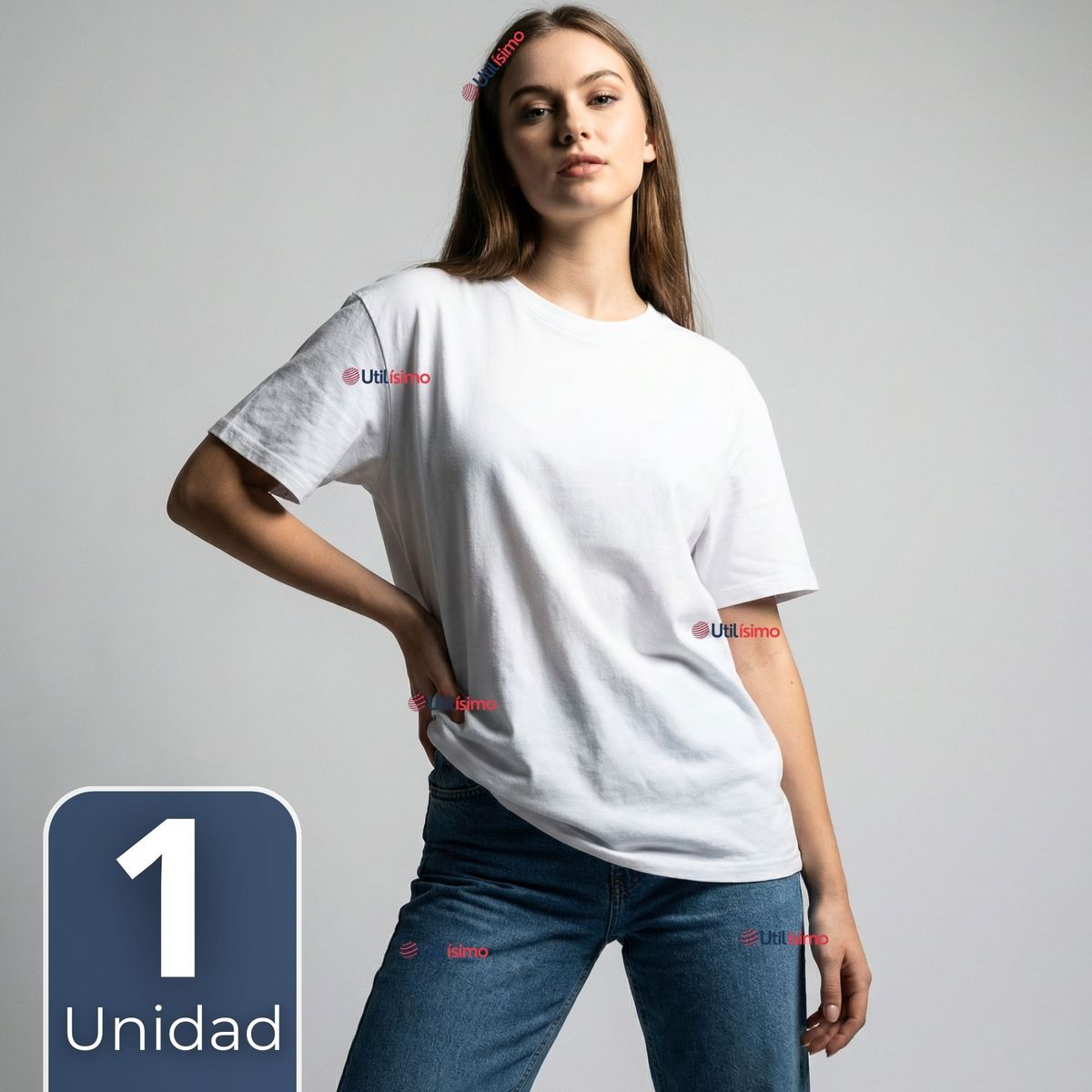 UTILISIMO - Camiseta Polera 100% Algodón Básica Lisa Elástica Mujer Blanco