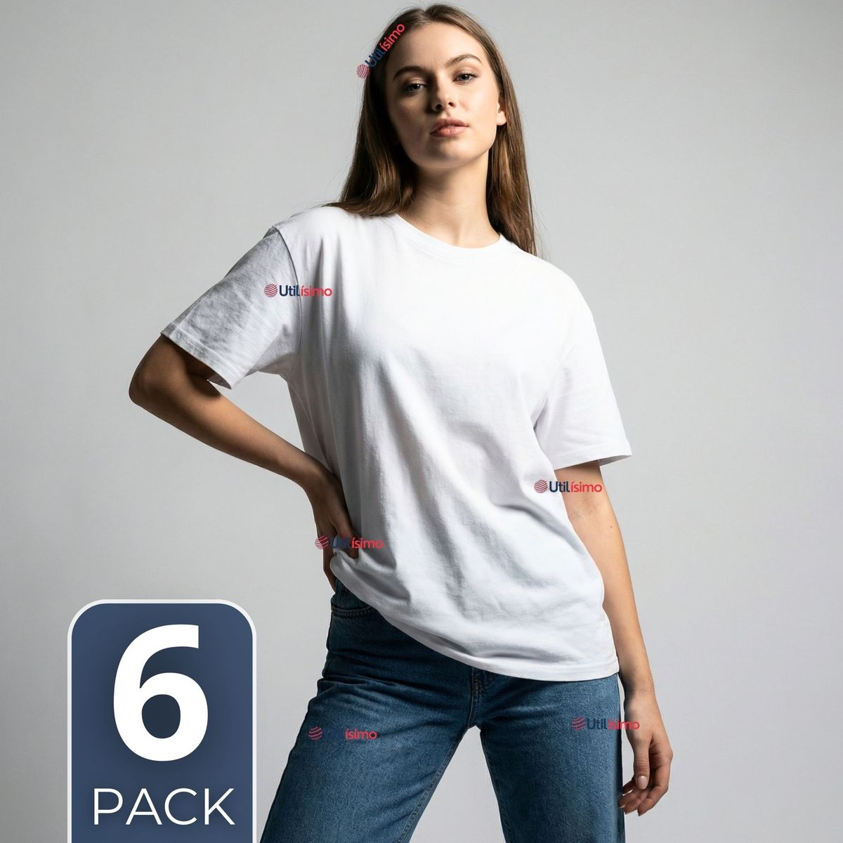 UTILISIMO - Pack 6 Camisetas Poleras 100% Algodón Básica Lisa Elástica de Mujer Blanco