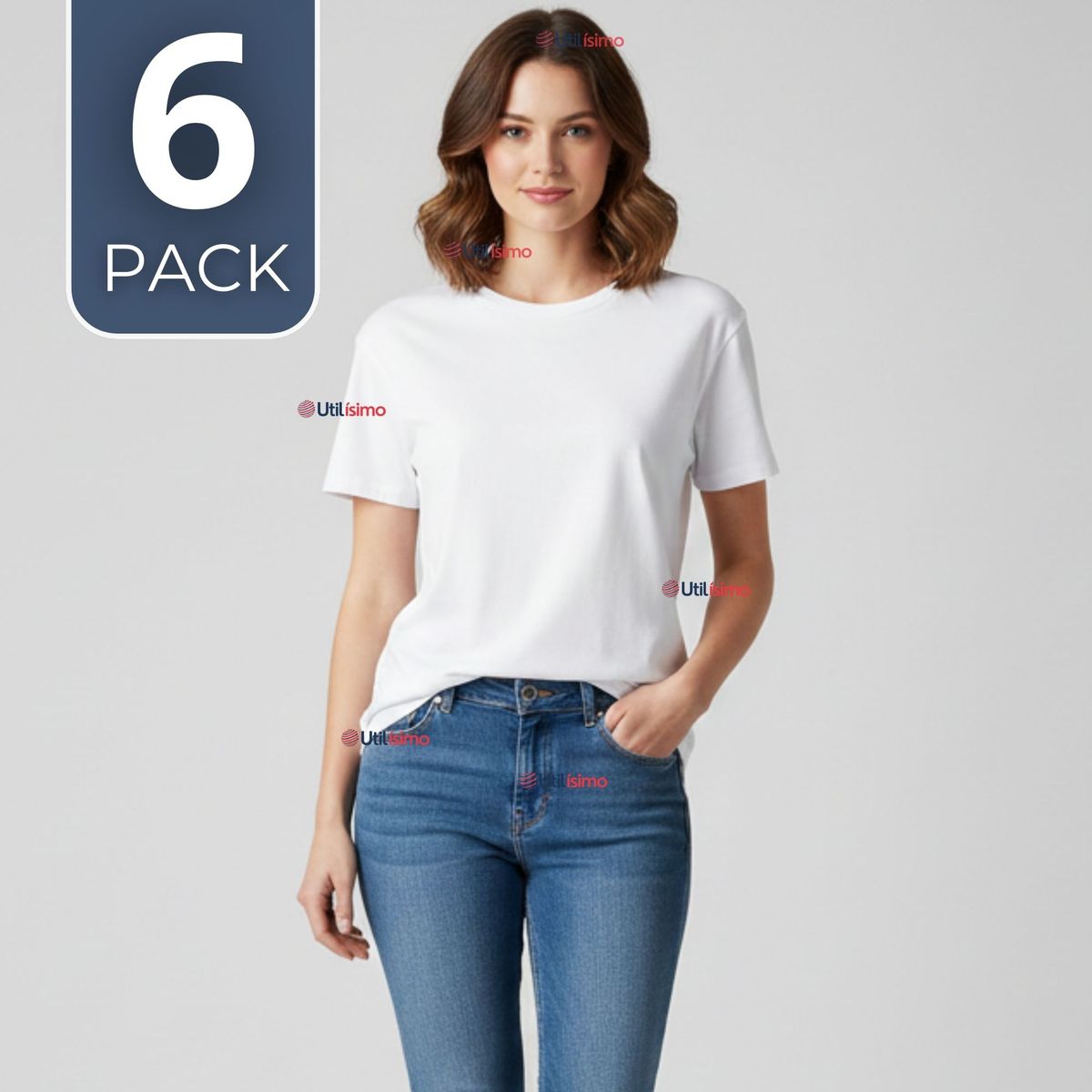 UTILISIMO - Pack 6 Camisetas Poleras 100% Algodón Básica Lisa Elástica  Mujer Blanco