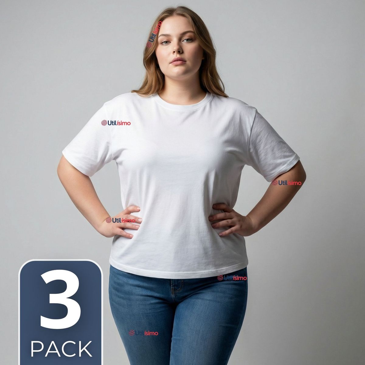 UTILISIMO - Pack 3 Camisetas Poleras 100% Algodón Básica Lisa Elástica  Mujer Blanco