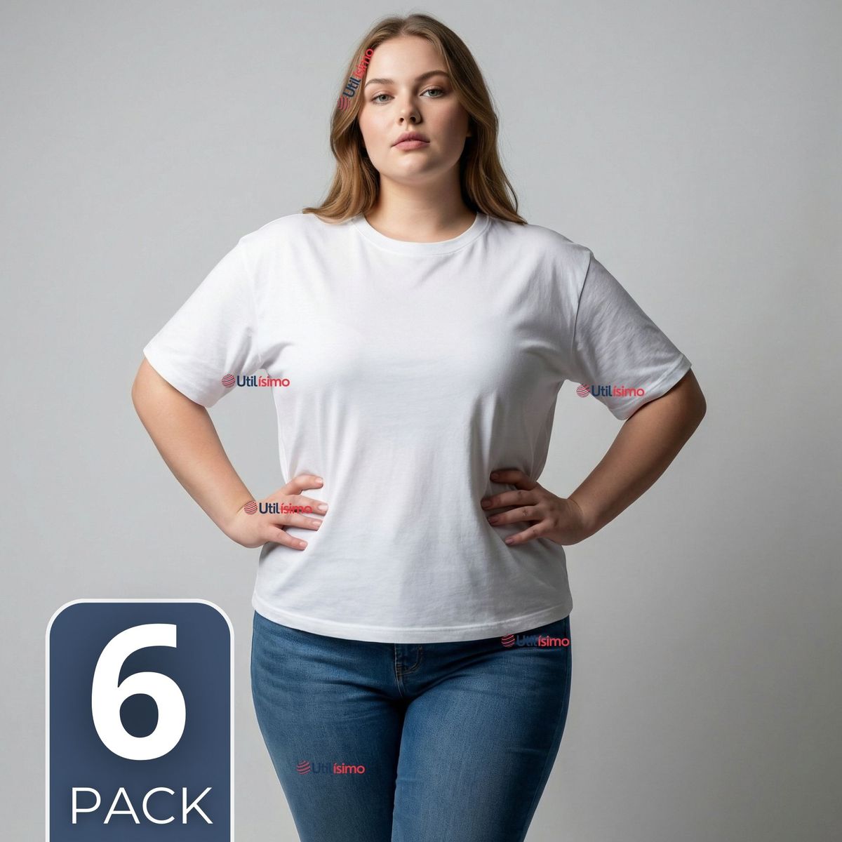 UTILISIMO - Pack 6 Camisetas Poleras 100% Algodón Básica Lisa Elástica  Mujer Blanco
