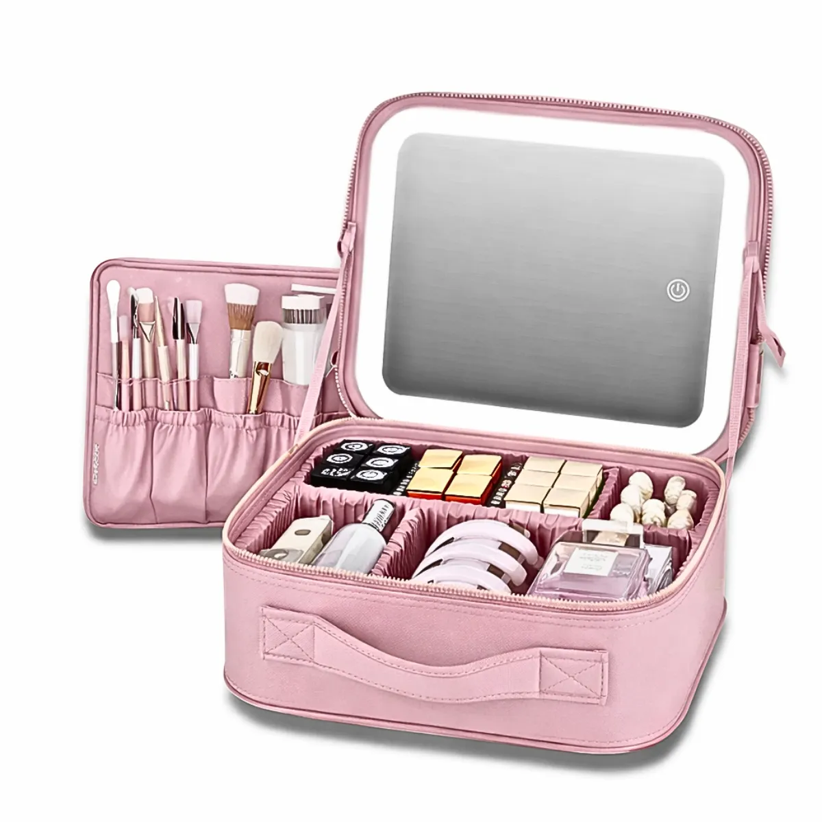 GENERICO - Cosmetiquero Organizador De Maquillaje Rosa Con Espejo Luz Led