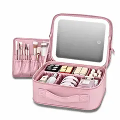 GENERICO - Cosmetiquero Organizador De Maquillaje Rosa Con Espejo Luz Led