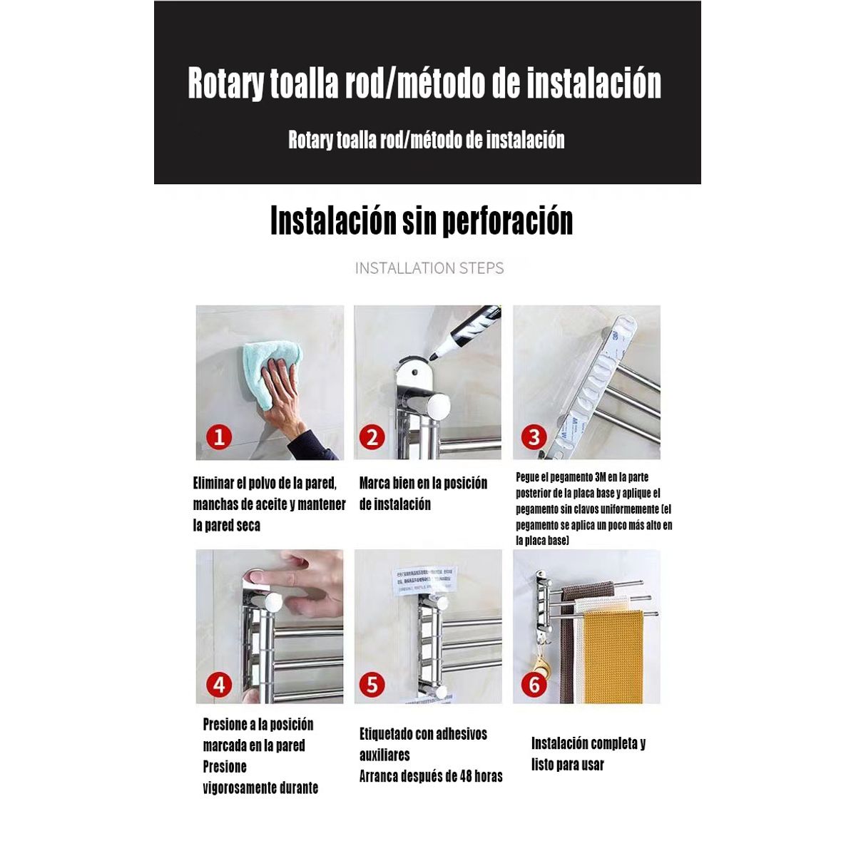 GENERAL - Barra Toalla Montada Pared Toallero Giratorio Ahorra Espacio Four Bar