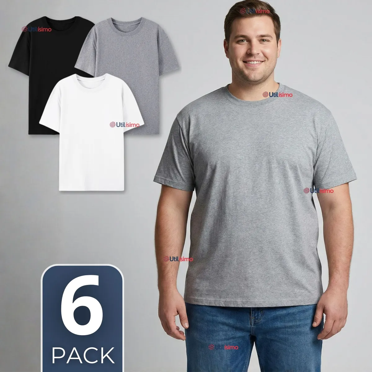 UTILISIMO - Pack 6 Camisetas Poleras 100% Algodón Básica Lisa Elástica Hombre Colores Surtidos