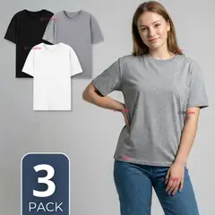 UTILISIMO - Pack 3 Camisetas Poleras 100% Algodón Básica Lisa Elástica Mujer Colores Surtidos