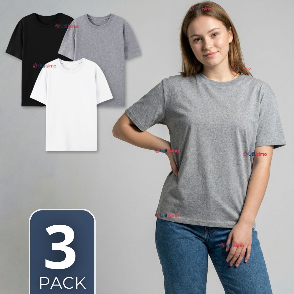 UTILISIMO - Pack 3 Camisetas Poleras 100% Algodón Básica Lisa Elástica Mujer Colores Surtidos