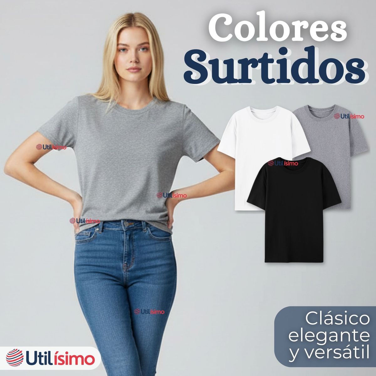 UTILISIMO - Pack 3 Camisetas Poleras 100% Algodón Básica Lisa Elástica Mujer Colores Surtidos