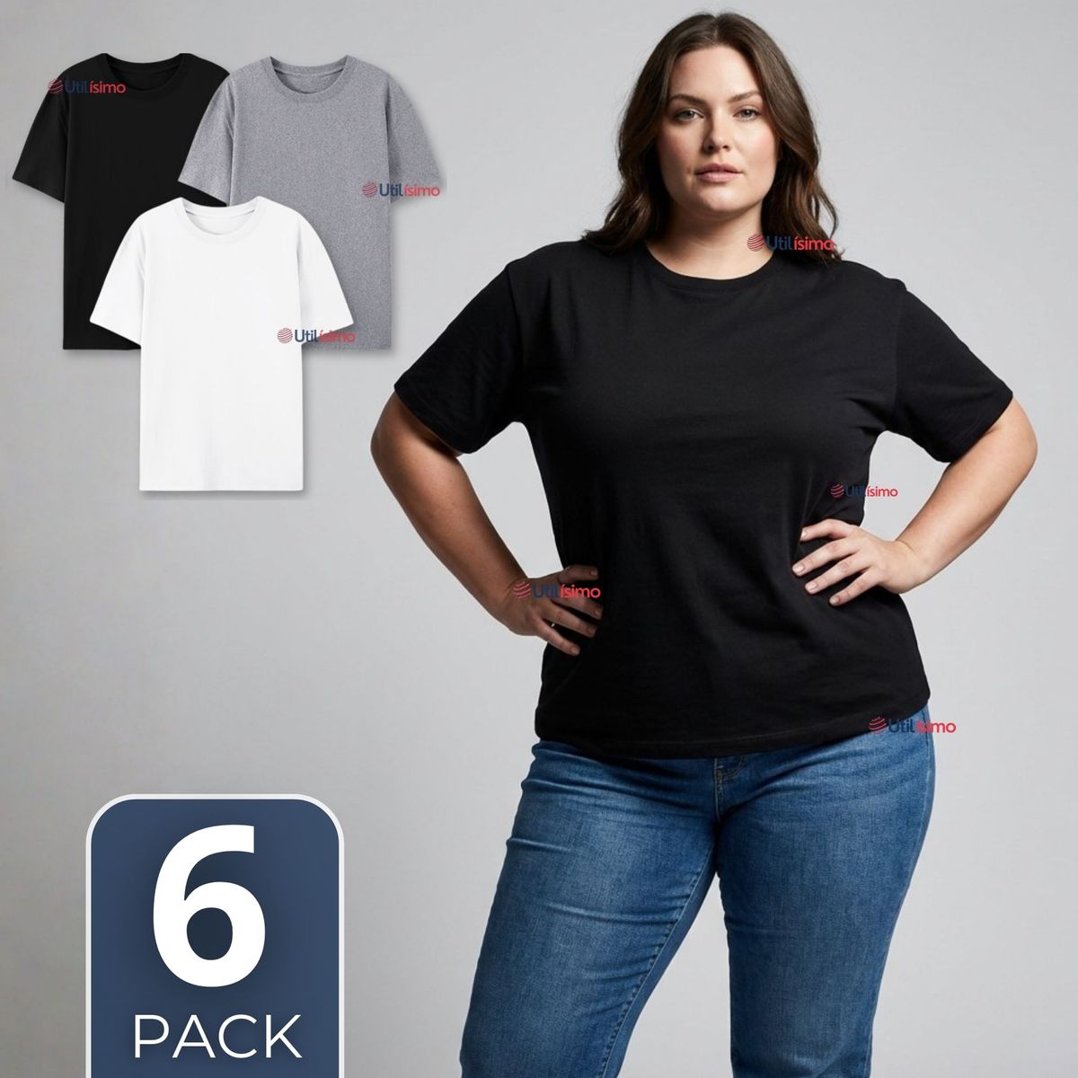 UTILISIMO - Pack 6 Camisetas Poleras 100% Algodón Básica Lisa Elástica Mujer Colores Surtidos