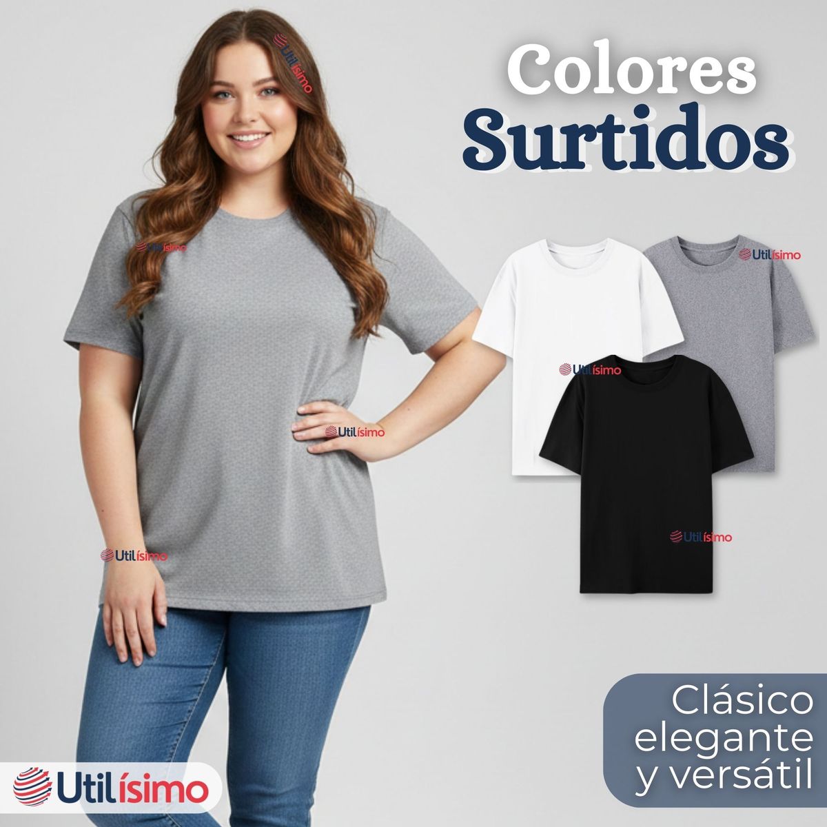 UTILISIMO - Pack 6 Camisetas Poleras 100% Algodón Básica Lisa Elástica Mujer Colores Surtidos