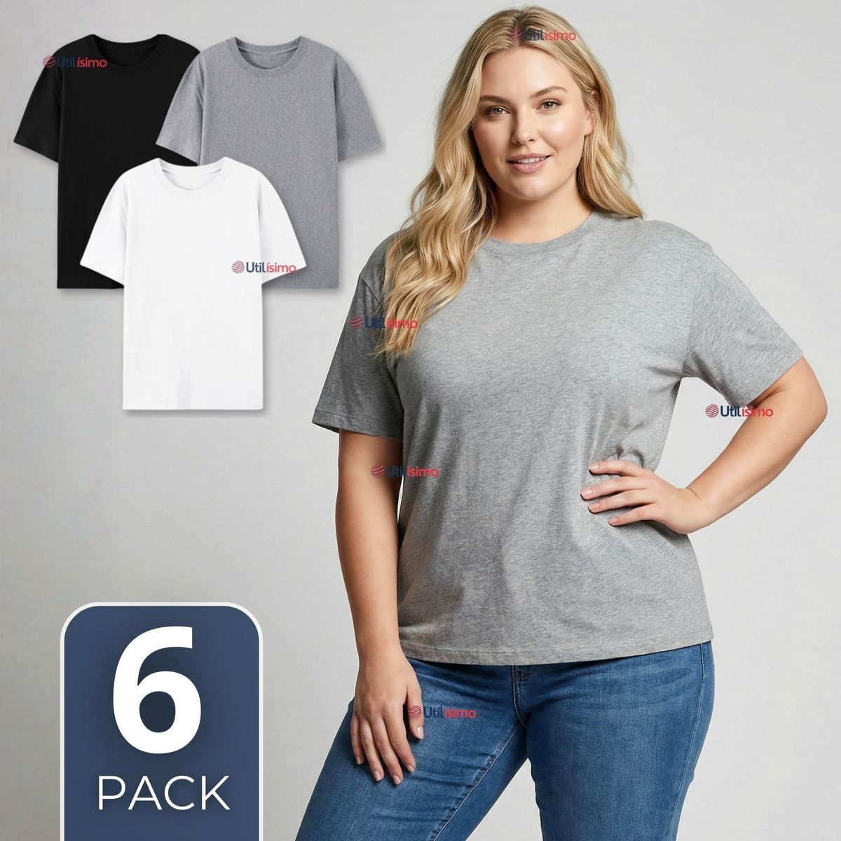 UTILISIMO - Pack 6 Camisetas Poleras 100% Algodón Básica Lisa Elástica Mujer Colores Surtidos