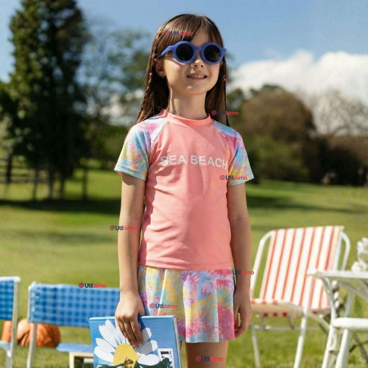 JUMP KIDS - Traje De Baño Manga Corta y Pantalón Corto Con Falda 2 Piezas Niña de 6 a 13 Años Sea Beach