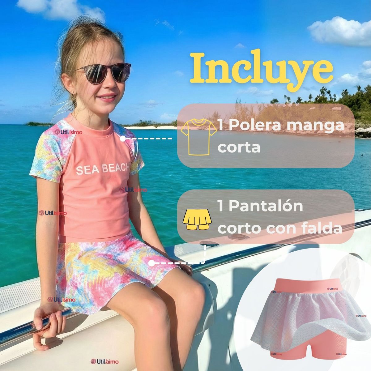 JUMP KIDS - Traje De Baño Manga Corta y Pantalón Corto Con Falda 2 Piezas Niña de 6 a 13 Años Sea Beach