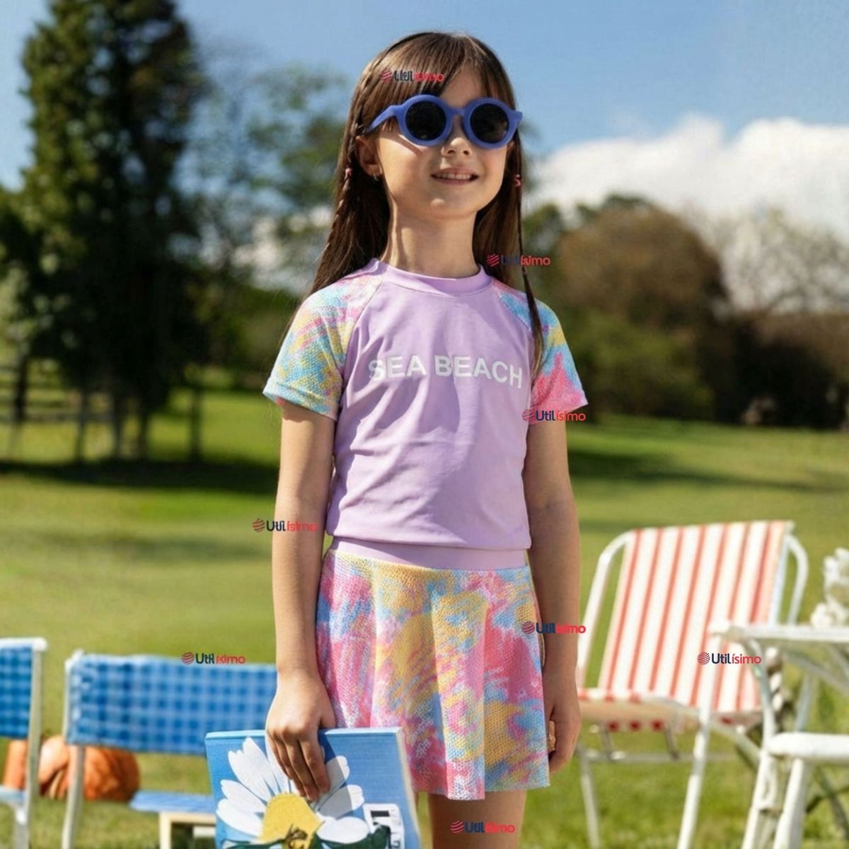 JUMP KIDS - Traje De Baño Manga Corta y Pantalón Corto Con Falda 2 Piezas Niña de 6 a 13 Años Sea Beach