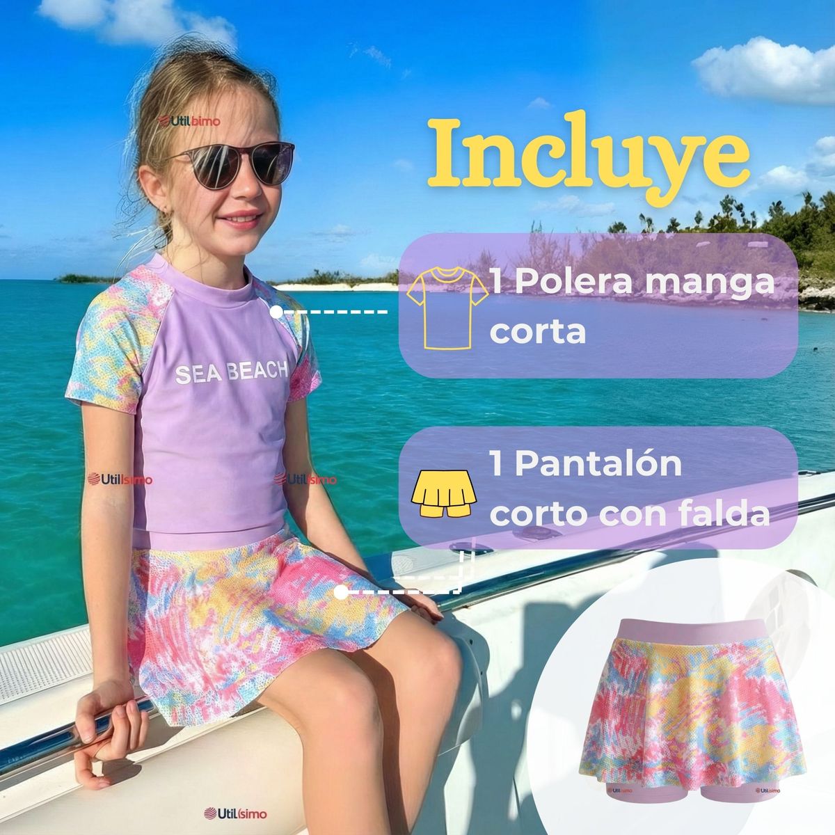 JUMP KIDS - Traje De Baño Manga Corta y Pantalón Corto Con Falda 2 Piezas Niña de 6 a 13 Años Sea Beach