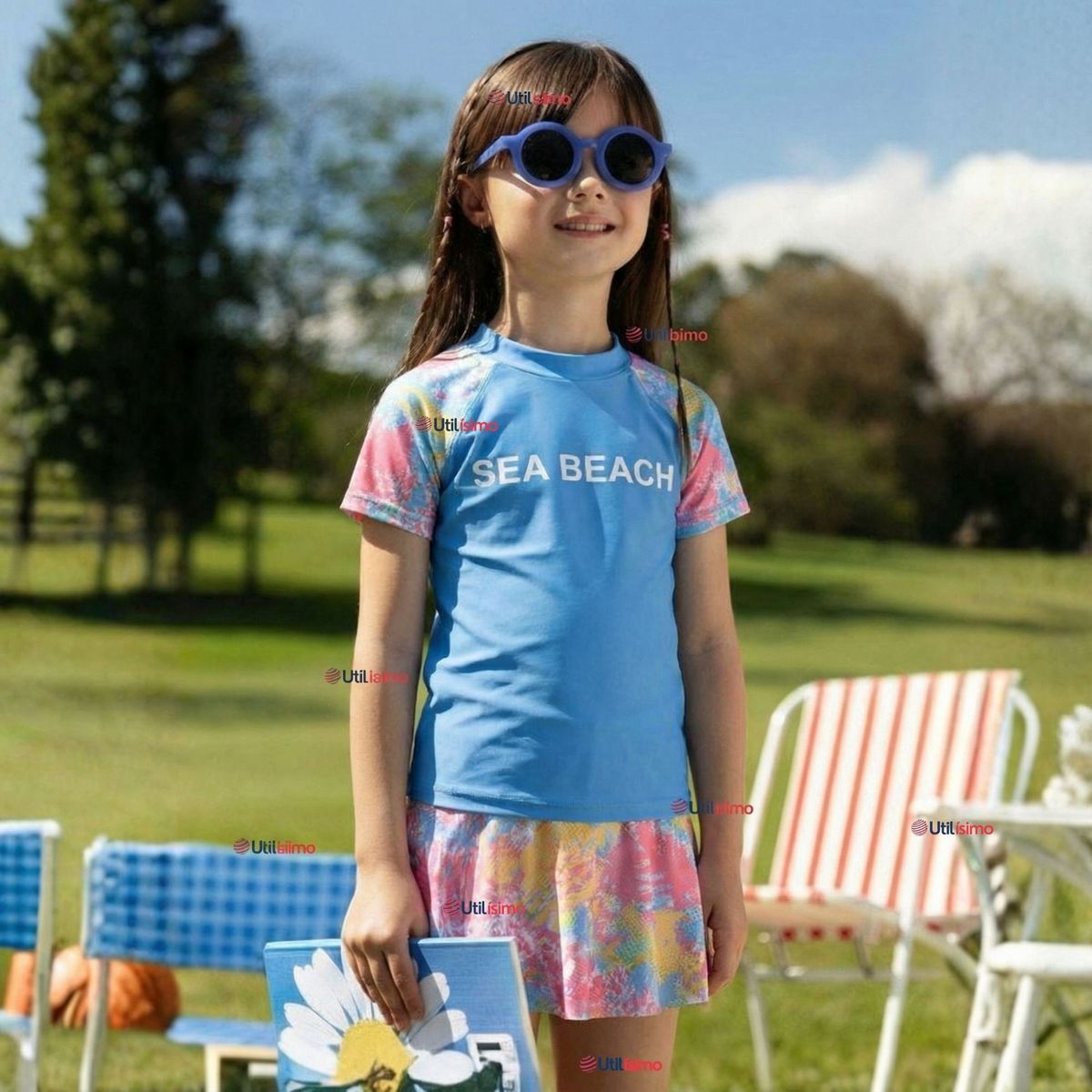 JUMP KIDS - Traje De Baño Manga Corta y Pantalón Corto Con Falda 2 Piezas Niña de 6 a 13 Años Sea Beach