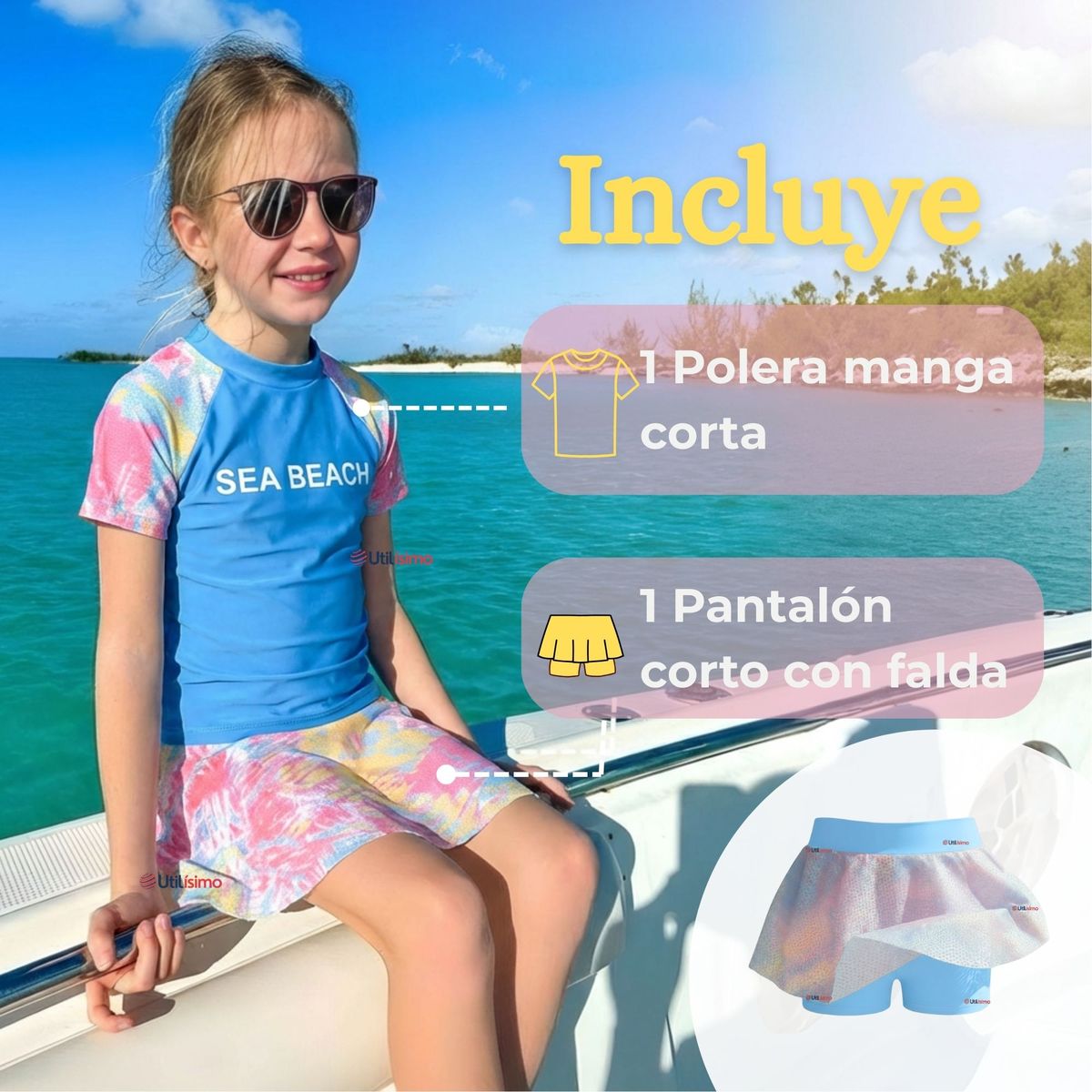 JUMP KIDS - Traje De Baño Manga Corta y Pantalón Corto Con Falda 2 Piezas Niña de 6 a 13 Años Sea Beach