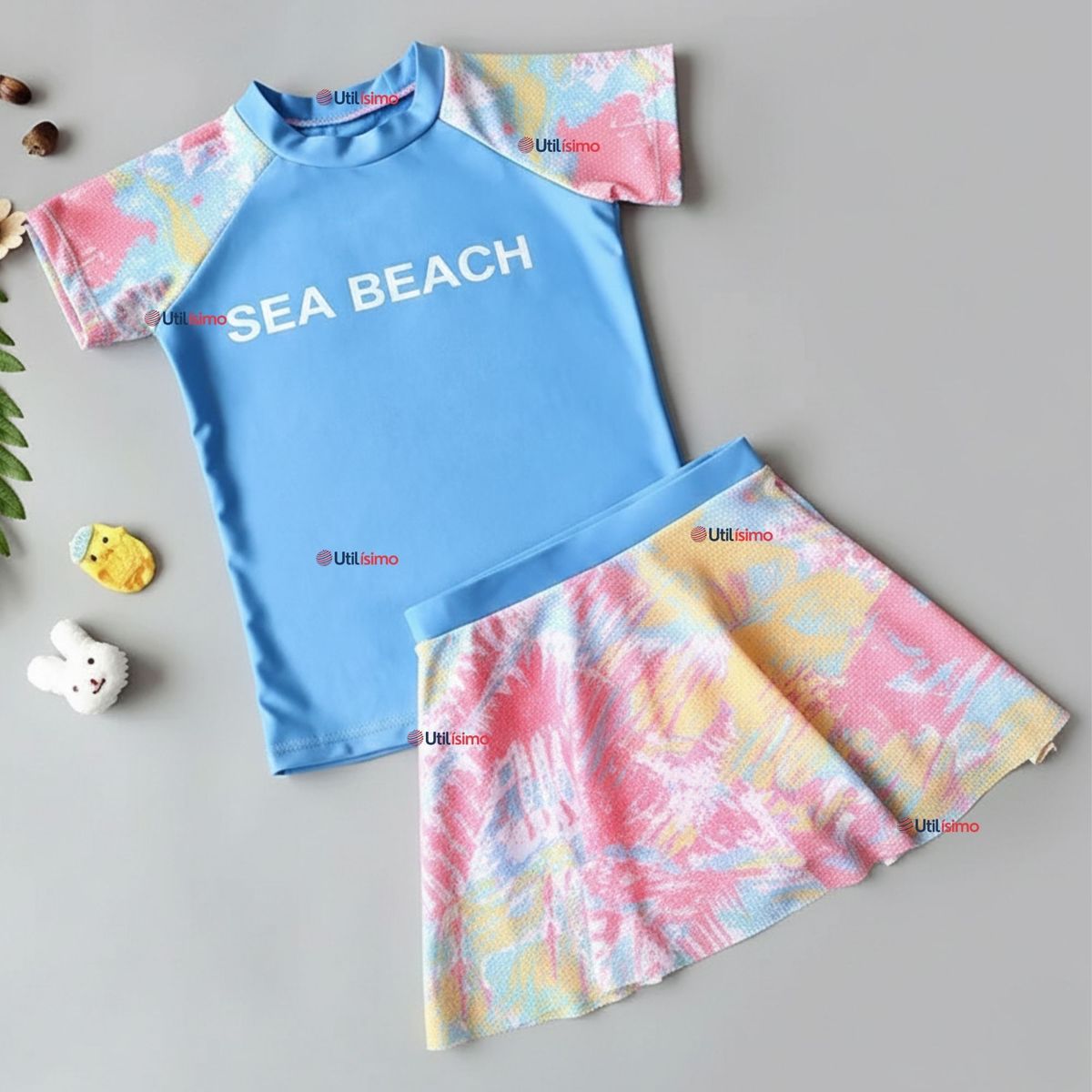 JUMP KIDS - Traje De Baño Manga Corta y Pantalón Corto Con Falda 2 Piezas Niña de 6 a 13 Años Sea Beach