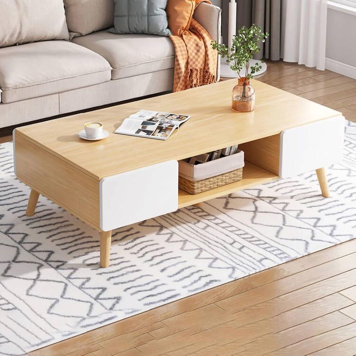 YOMYM - Mesa Auxiliar de Almacenaje Multifuncional con Cuatro Cajones, 100 × 50 × 42 cm (Color Roble)