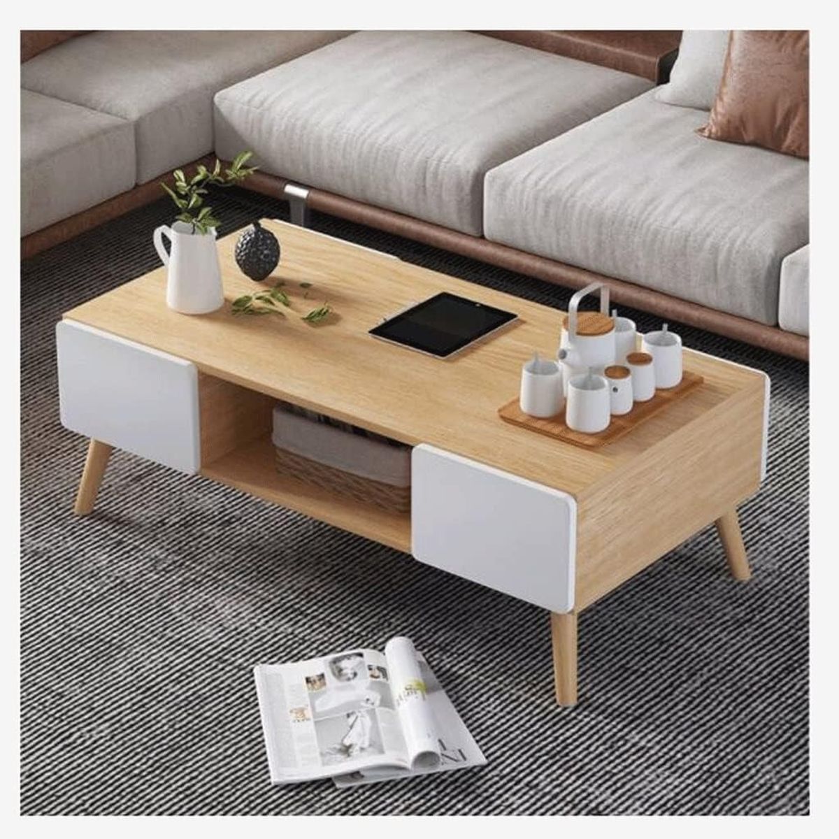 YOMYM - Mesa Auxiliar de Almacenaje Multifuncional con Cuatro Cajones, 100 × 50 × 42 cm (Color Roble)