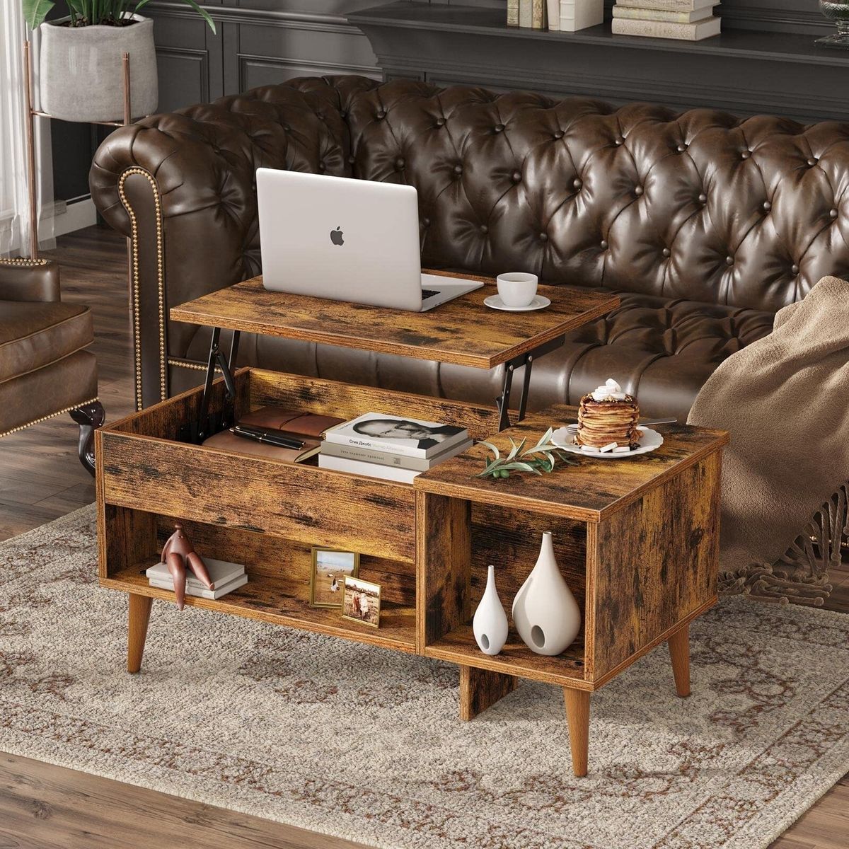 YOMYM - Mesa de comedor de madera con mesa auxiliar ajustable y espacio de almacenamiento 100×50×48cm