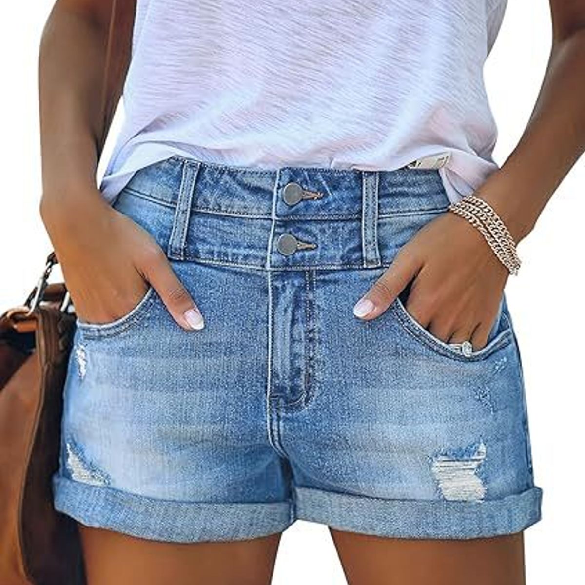 TIOZONEY - Pantalones cortos de mezclilla rasgados para mujer