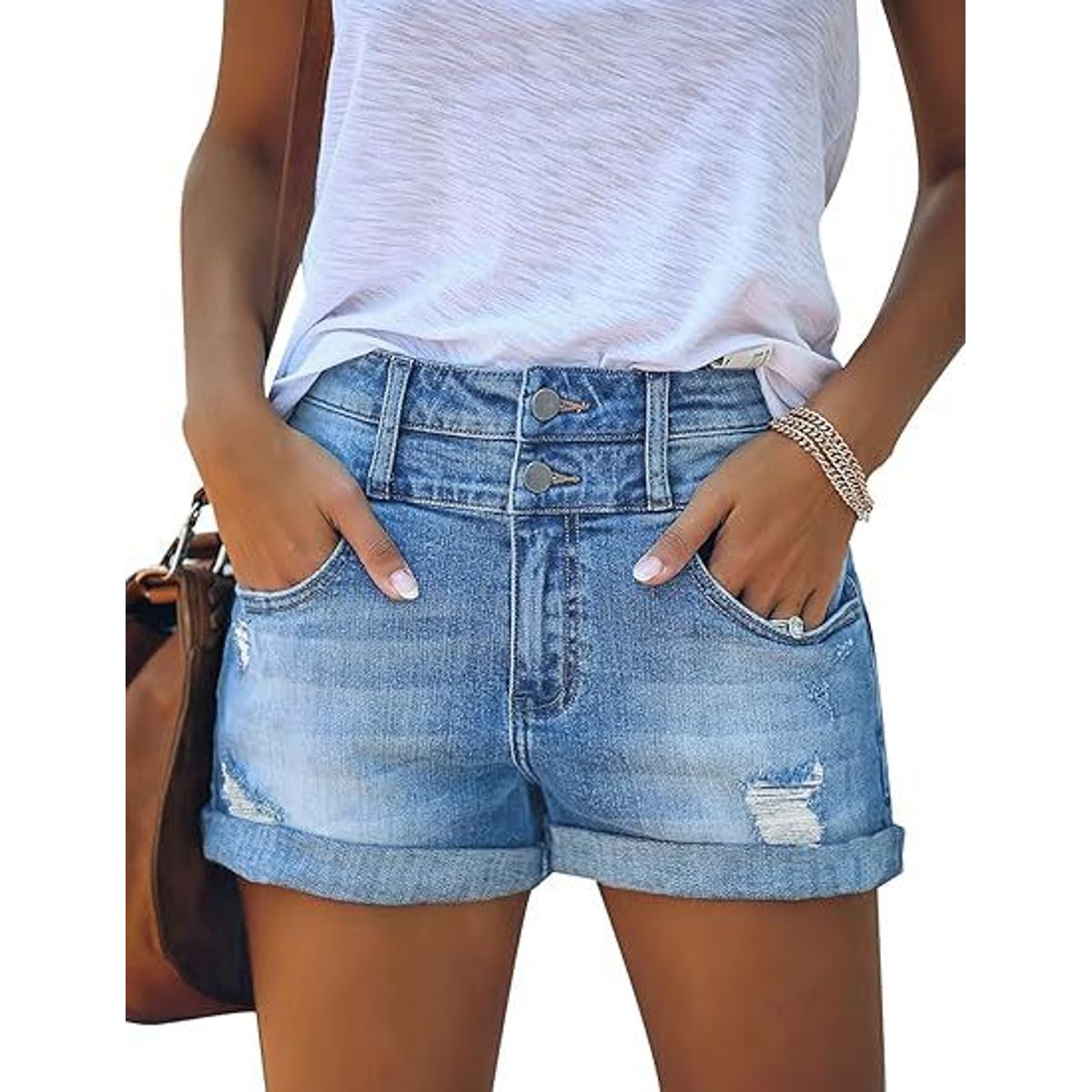 TIOZONEY - Pantalones cortos de mezclilla rasgados para mujer
