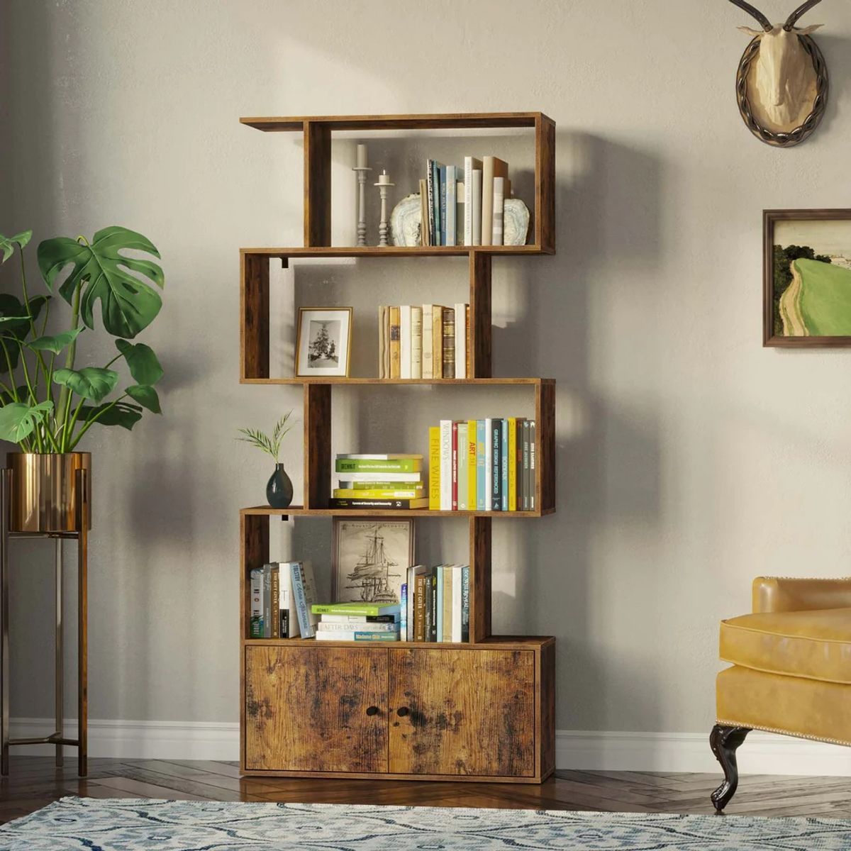 YOMYM - Librería de pie con armarios y estantes multifunción marrón retro 70×24×151cm