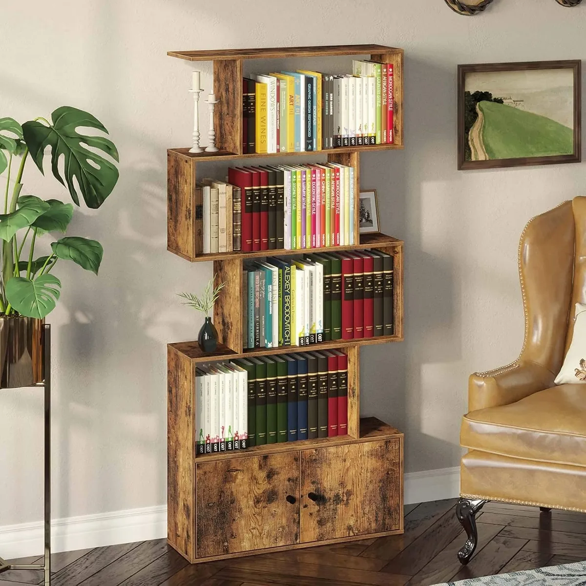 YOMYM - Librería de pie con armarios y estantes multifunción marrón retro 70×24×151cm