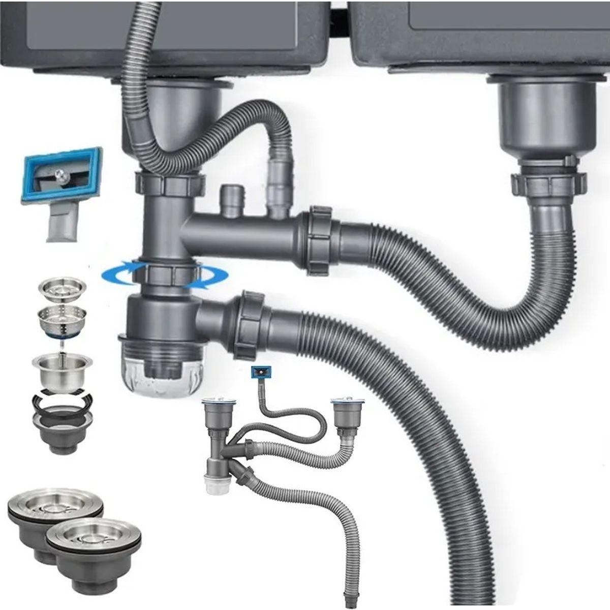 KUANGYE - Desagüe Fregadero Cocina Baño Tubo Doble Flexible Para Aseo Tubo De Drenaje A Prueba De Olores