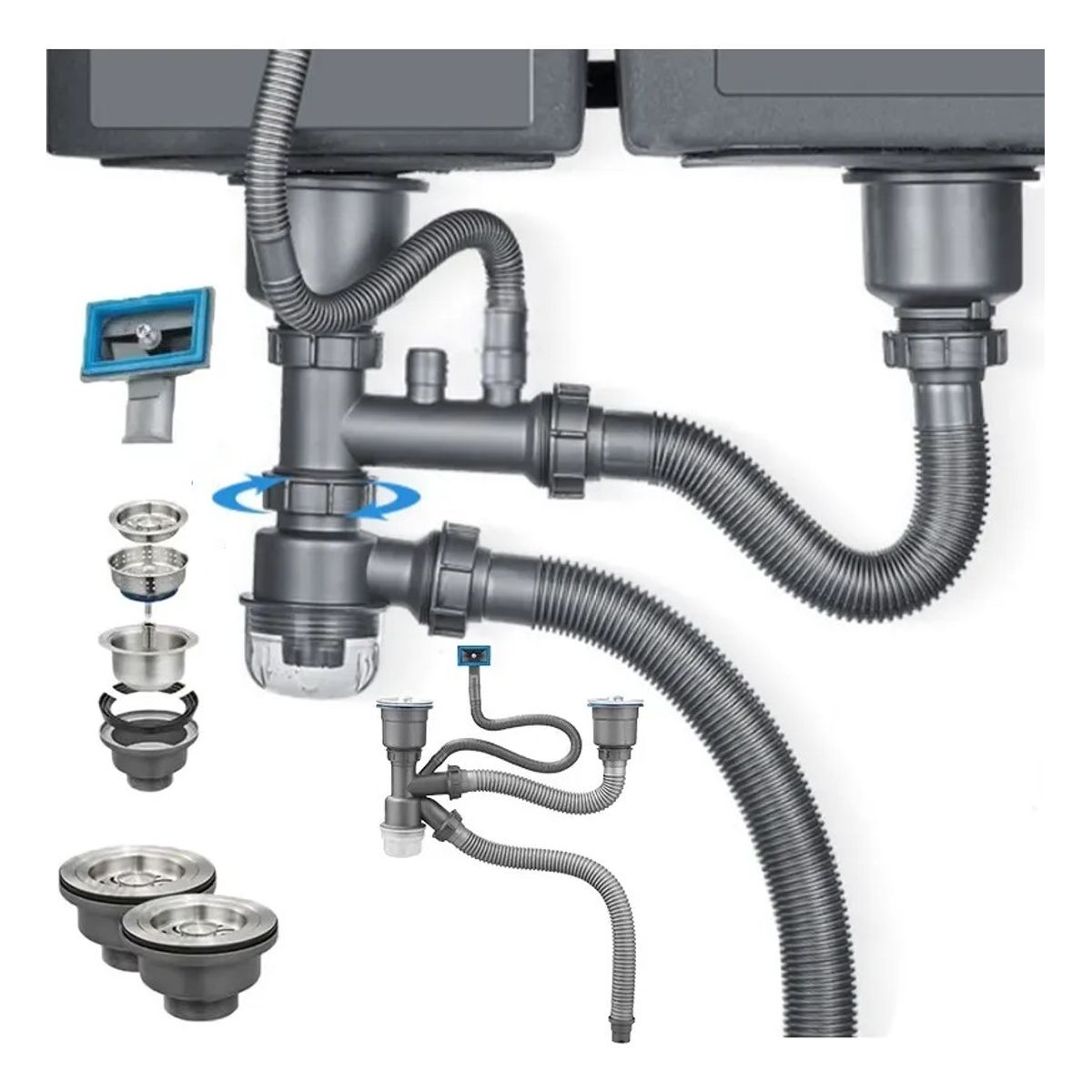 KUANGYE - Desagüe Fregadero Cocina Baño Tubo Doble Flexible Para Aseo Tubo De Drenaje A Prueba De Olores