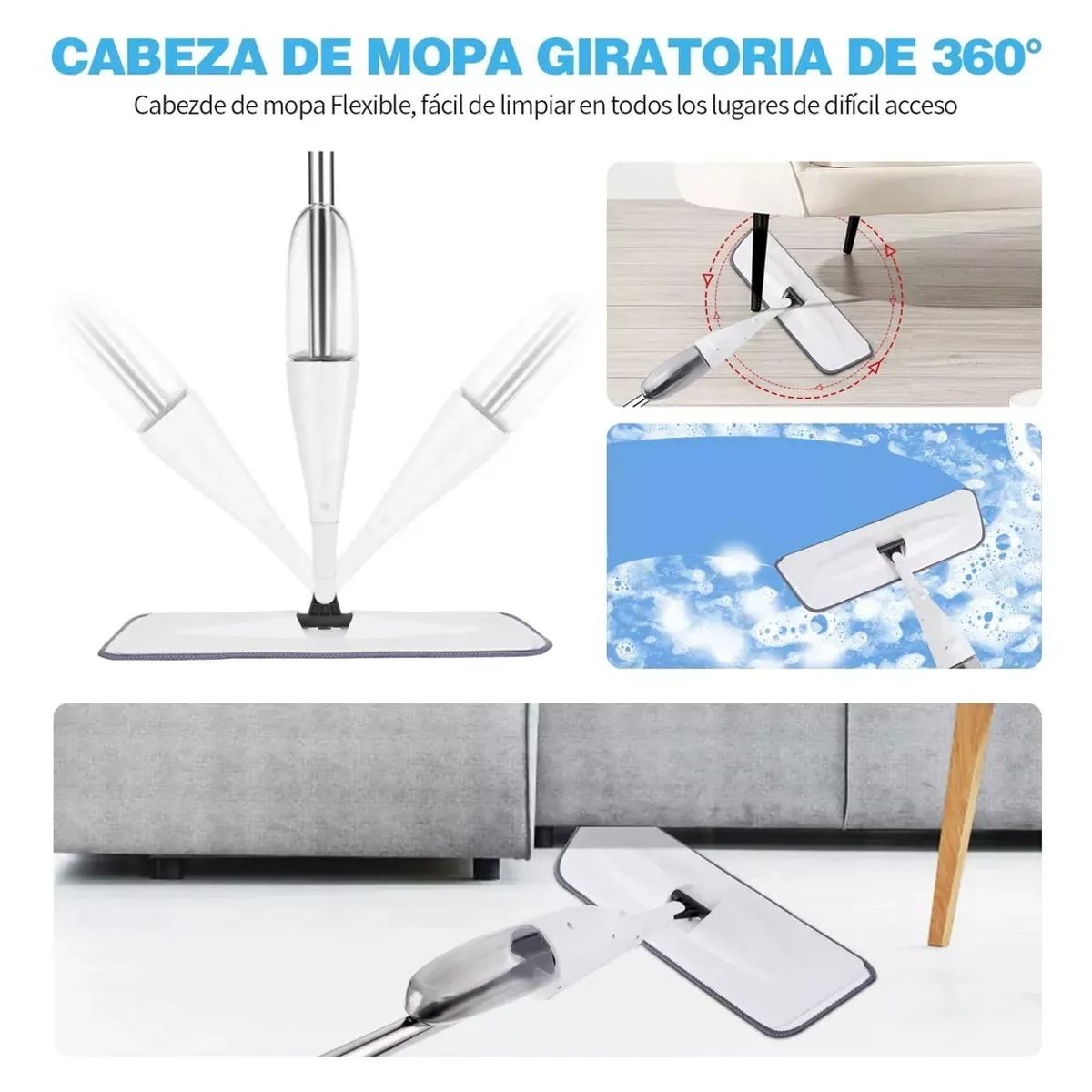 KUANGYE - Trapeador Spray Pulverizador Microfibra 4 Almohadillas Tela