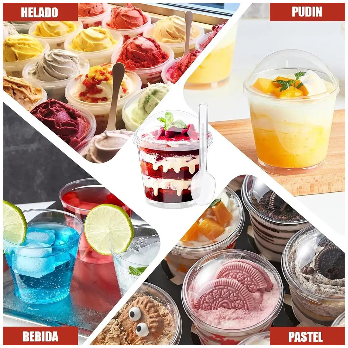 KUANGYE - Pack X50 Vasos Acrilico Para Postre Con Tapa Pocillos 210ml