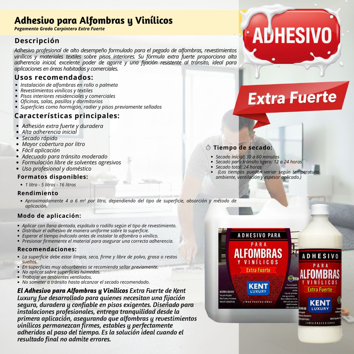 ADHESIVO EXTRAFUERTE - ALFOMBRAS - 1 LITROS, marca KENT - Foto 2