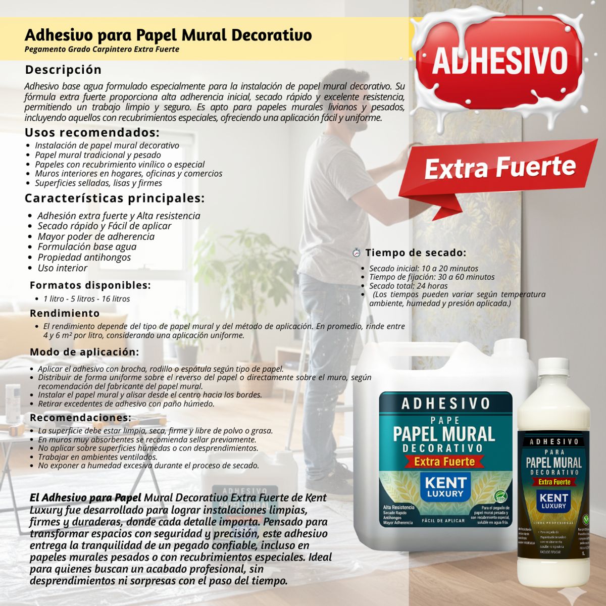 ADHESIVO EXTRAFUERTE - PAPEL MURAL - 1 LITROS, marca KENT - Foto 2