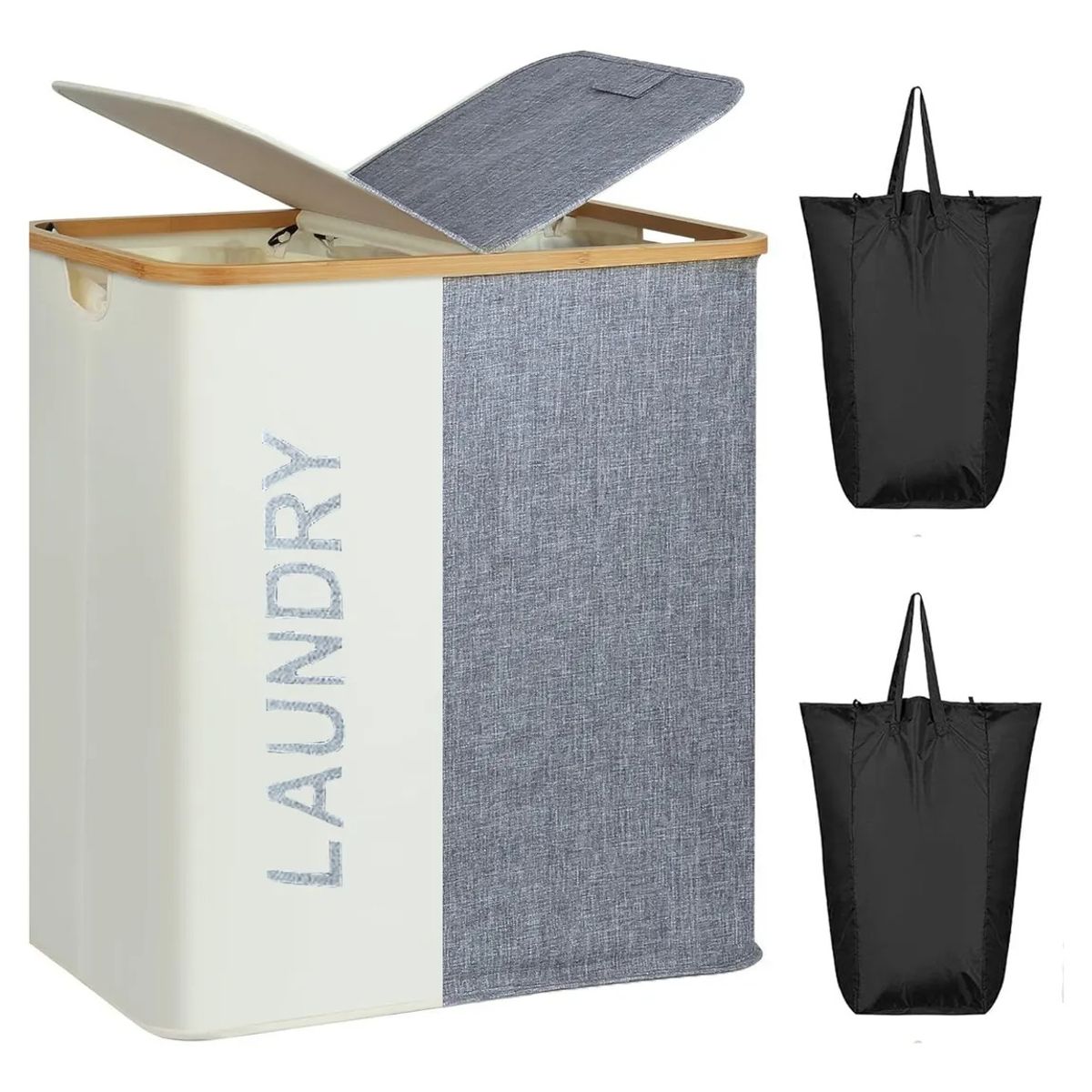 EVERSO - Cesto Canasto Grande Ropa Sucia 2 Compartimientos Con Tapa Beige Y Gris