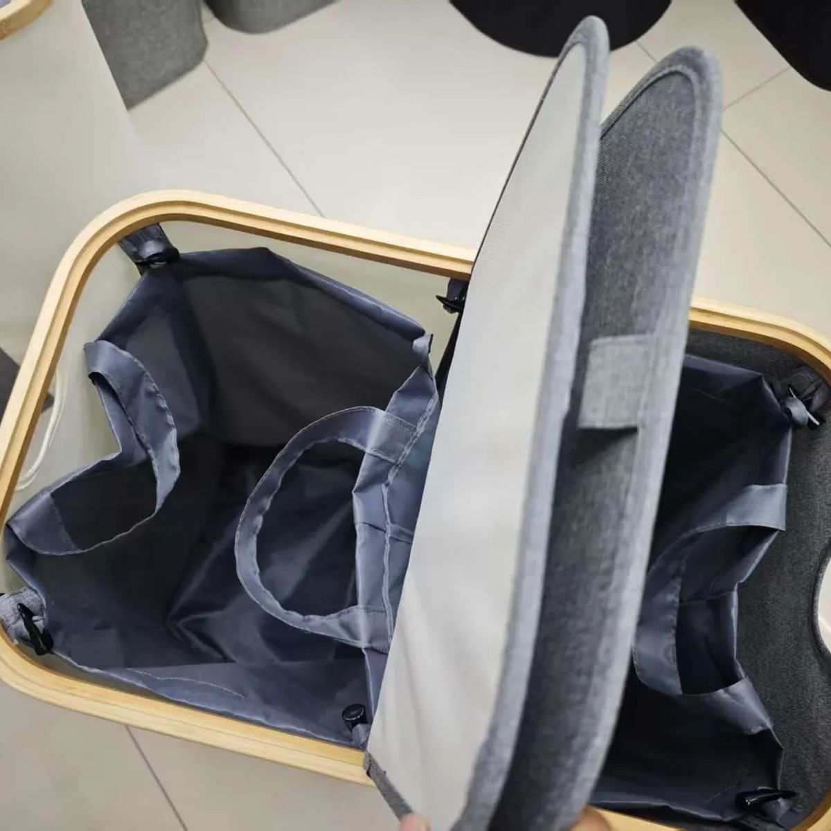EVERSO - Cesto Canasto Grande Ropa Sucia 2 Compartimientos Con Tapa Beige Y Gris