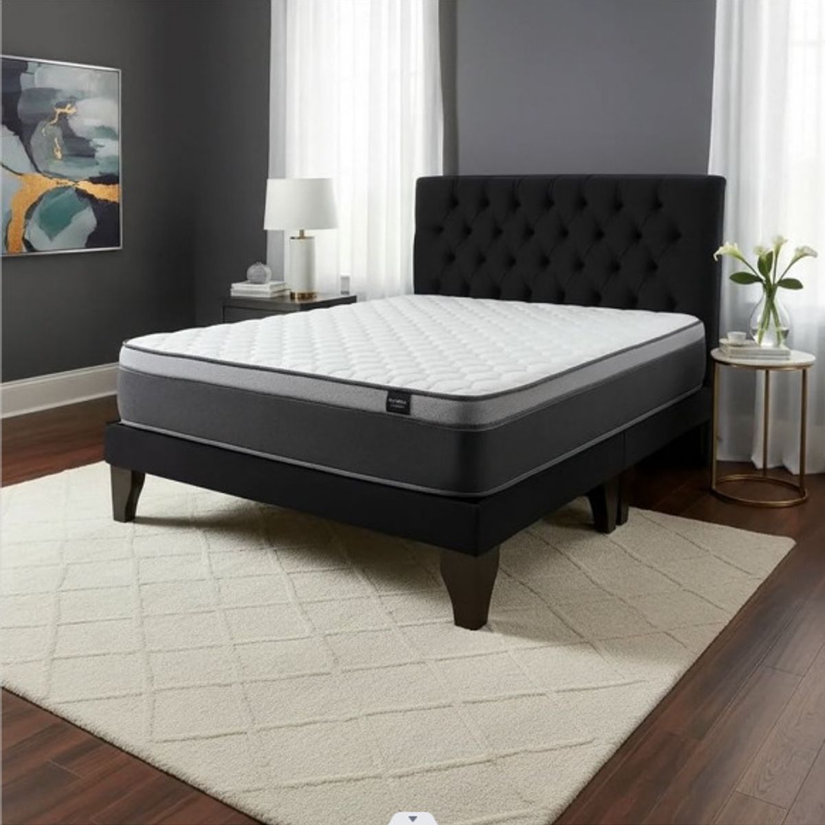 FLOBAL - Cama Europea  Super King + Respaldo Capitones Negro +Colchón 200x200x28cm