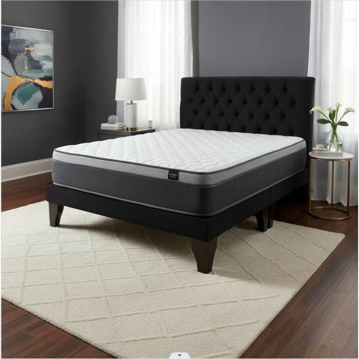 FLOBAL - Cama Europea  Super King + Respaldo Capitones Negro +Colchón 200x200x28cm