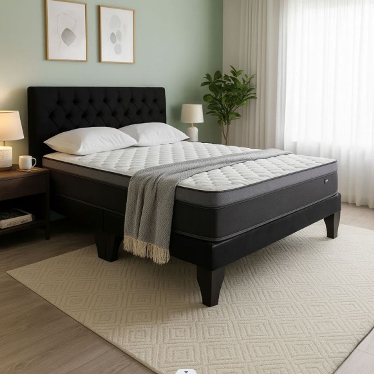 FLOBAL - Cama Europea  Super King + Respaldo Capitones Negro +Colchón 200x200x28cm