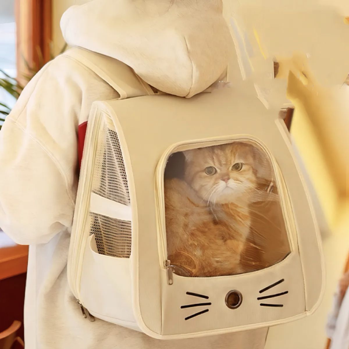 OKAY - Mochila Transportador Viaje Mascota Bolso Gato Perro Color Crudo