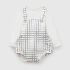 COLLOKY - Conjunto jardinera cuadros niño crema Algodón 0/3M a 9/12M