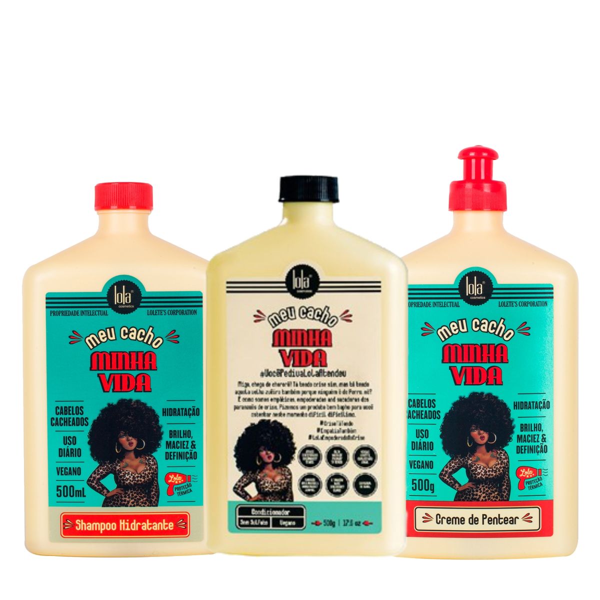 LOLA COSMETICS - Set Hidratación Pelo Rizados Meu Cacho Shampoo 500 ml + Acondicionador 500 ml + Crema de Peinar 500 ml Lola Cosmetics