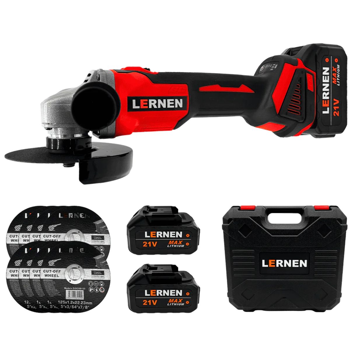 LERNEN - Esmeril Angular Inalámbrico De 125 Mm + 8 Discos + 2 Batería