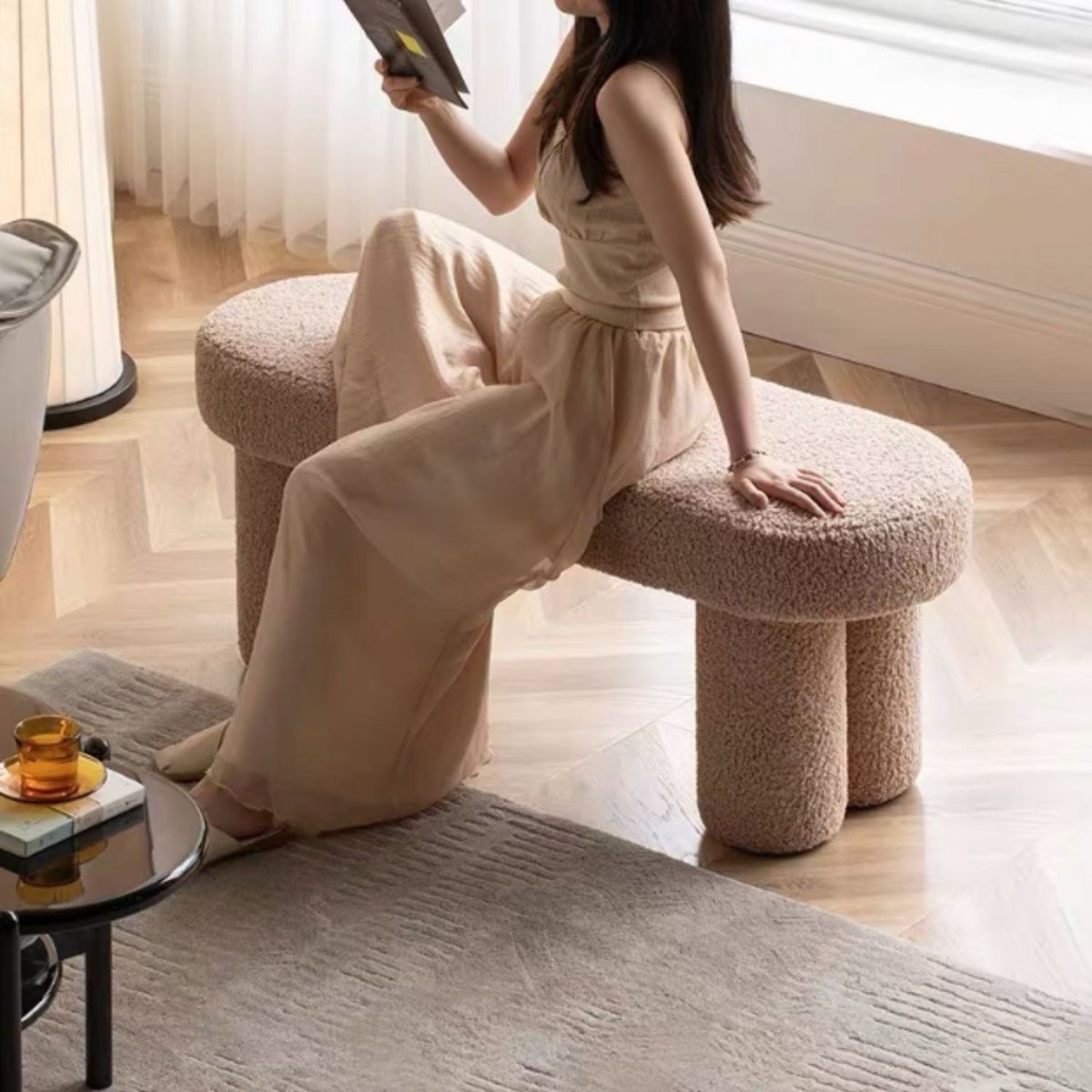 SANTU HOME & DECO - Taburete Estilo Banqueta Sherpa Mocha Creme