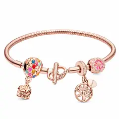 GENERICO - Pulsera Charm Chapada en Plata 925 con Baño Oro Rosa y Cristales Rosados