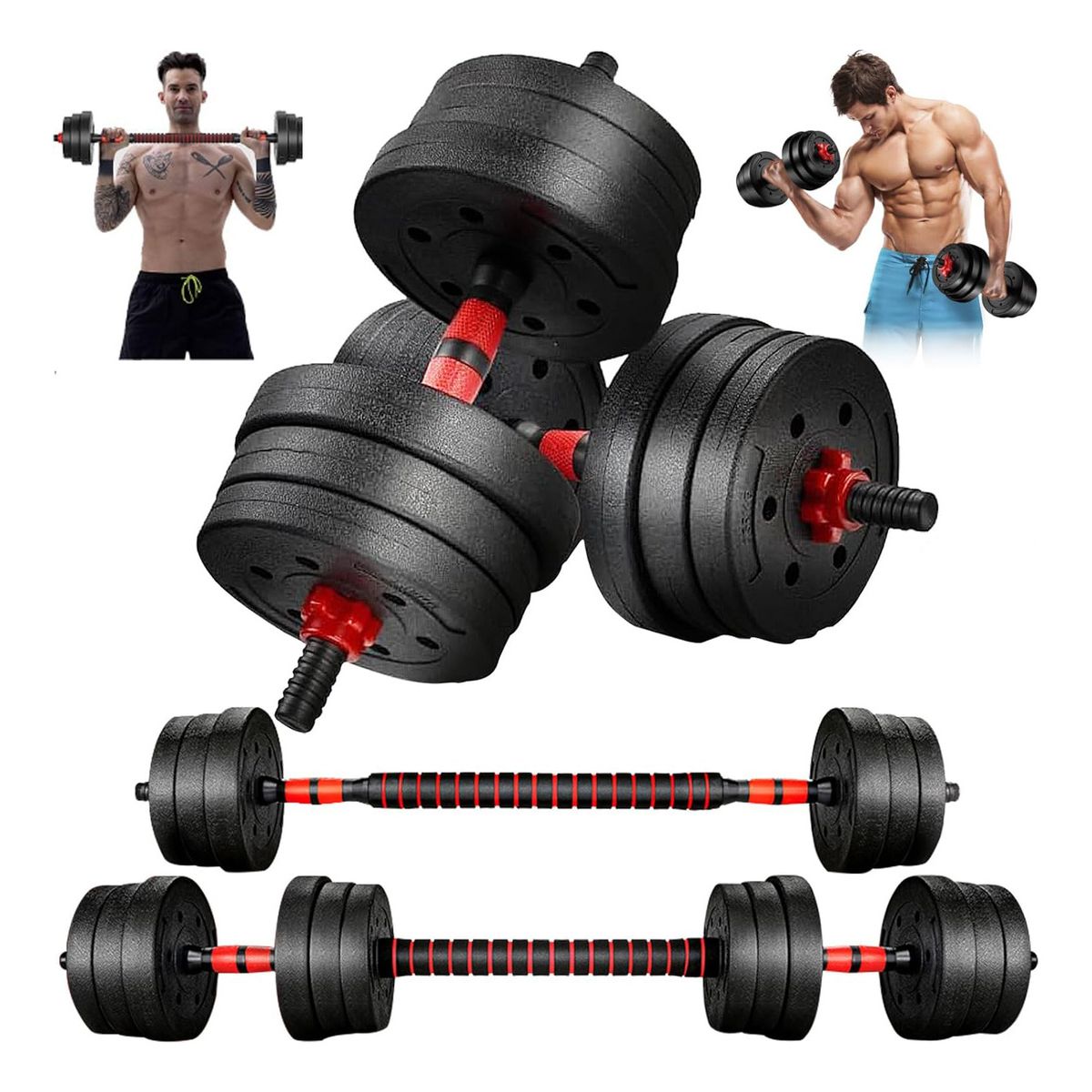 EVERSO - Set Mancuernas Y Barra Unibles 10kg Fitness Pesas Ajustables