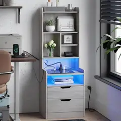 GENERICO - Velador Mesita Alta Estante de Almacenamiento 127x35x45cm Con Estación de Carga Con Luz Enchufe Gris