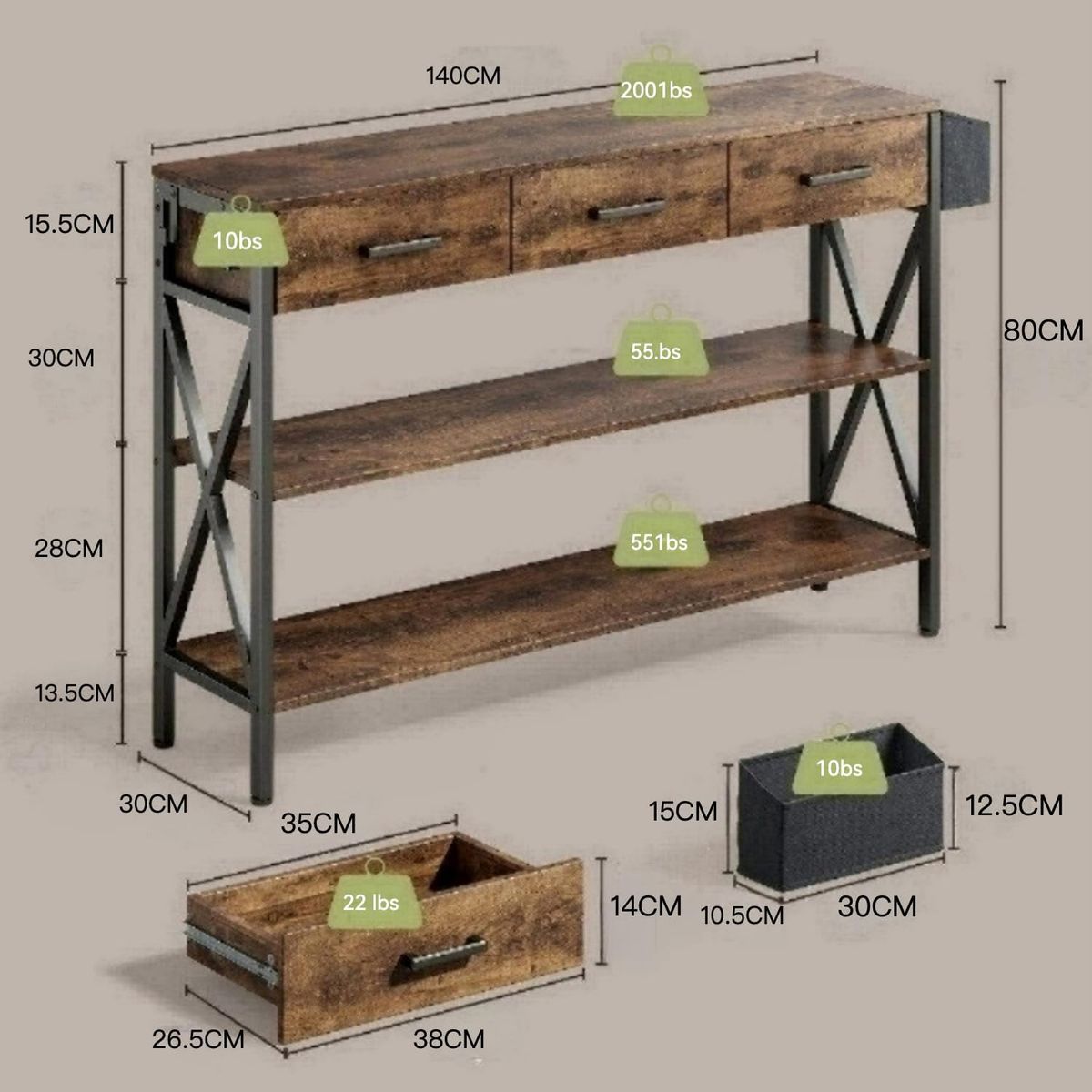 GENERICO - Mesa Consola, Estantes de Almacenamiento de 3 Niveles (Marrón 120CM)