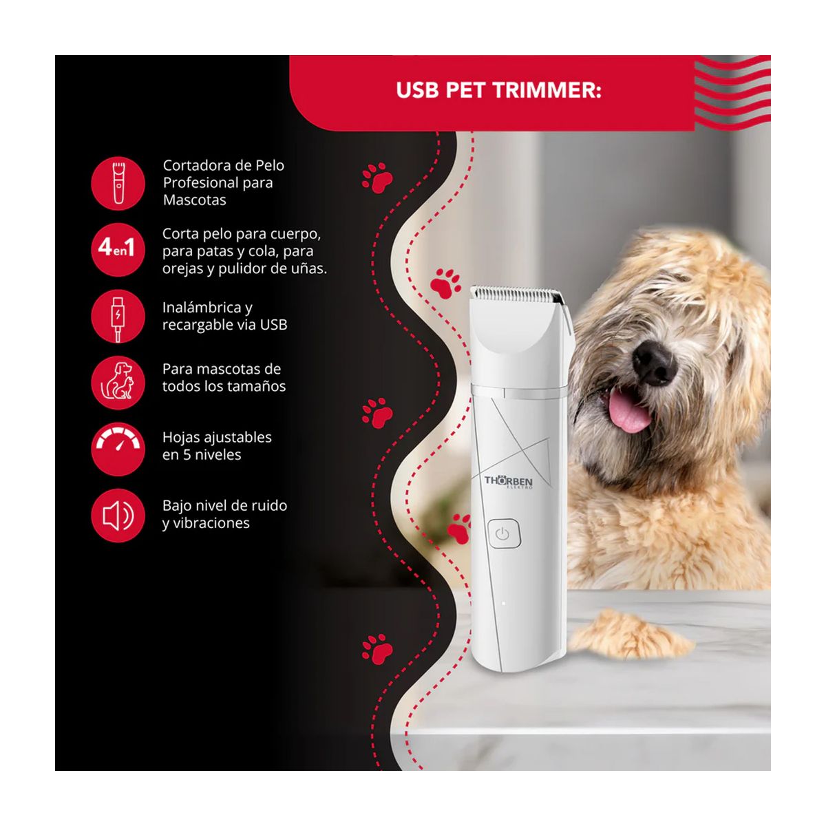 THORBEN - Cortapelo Mascota Thorben Cordless Usb Pet Trimmer 4 En 1